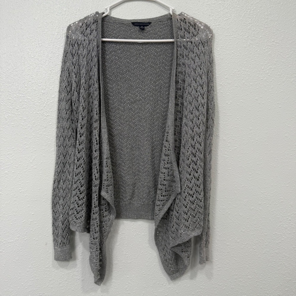 American Eagle Silver Metallic Pointelle Knit Open Front Cardigan Sweater Small